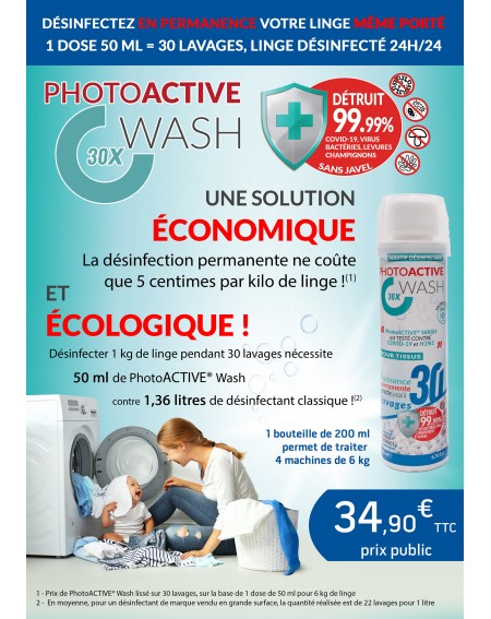 PhotoACTIVE Wash 30 désinfecte votre linge en permanence 24h/24 pendant 30 lavages. Une hygiène irréprochable dans le temps !