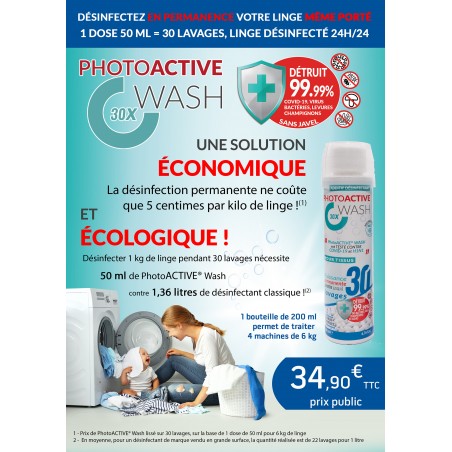 PhotoACTIVE Wash 30 désinfecte votre linge en permanence 24h/24 pendant 30 lavages. Une hygiène irréprochable dans le temps !