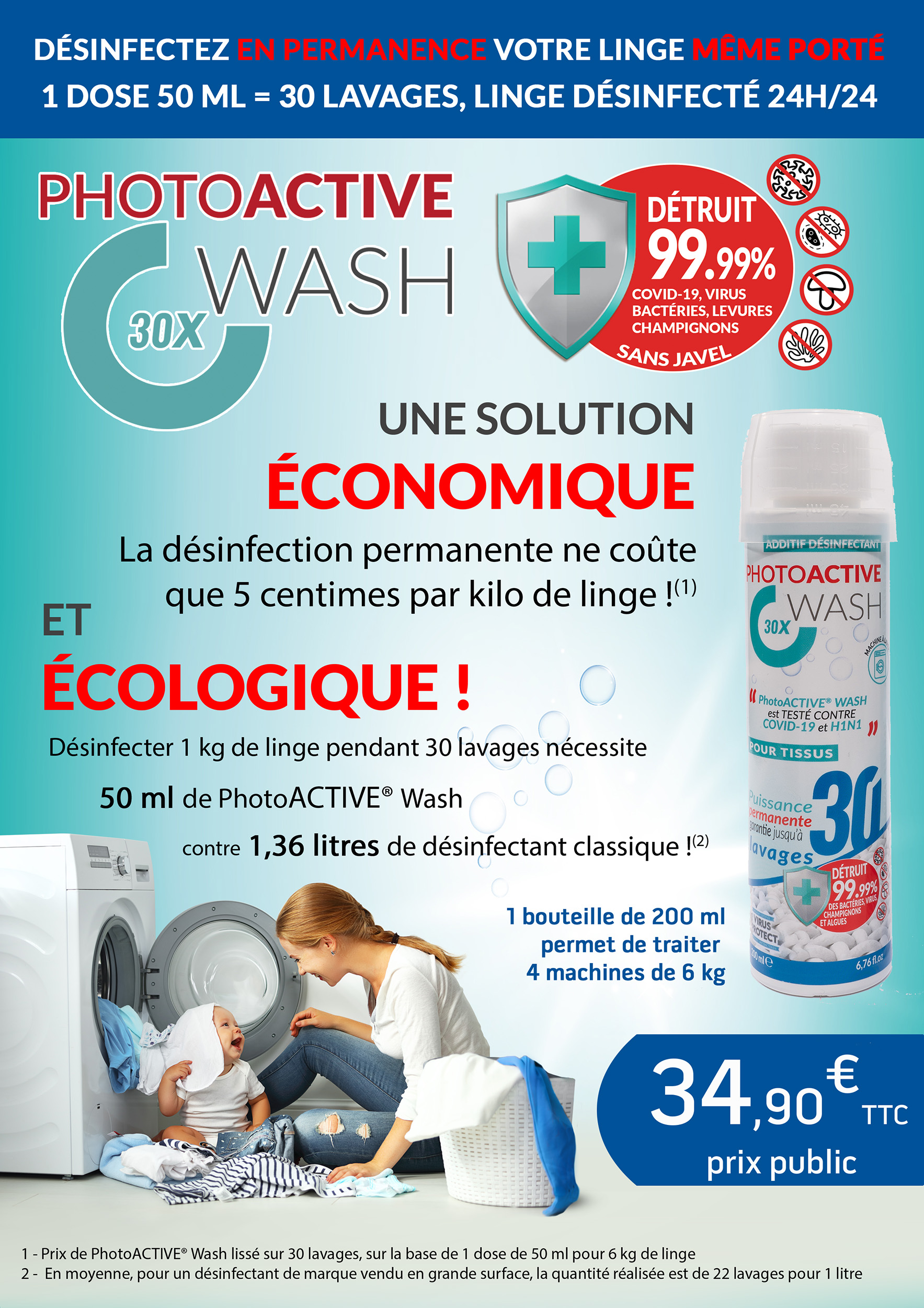 photoactive wash 30 est la solution économique et écologique pour la désinfection permanente de vos textiles préférés