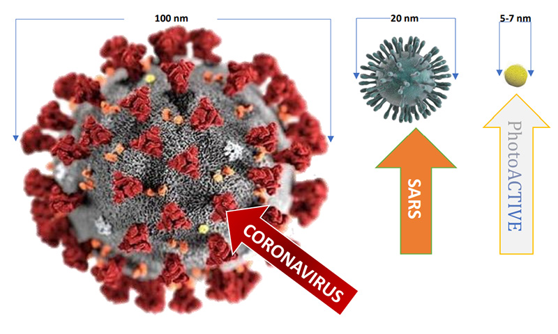 photoactive taille par rapport aux virus covid 19 et h1n1